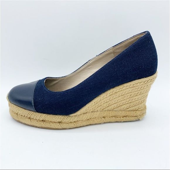 Jack Rogers Palmer Blue Closed‎ Cap Toe Fabric/Leather Wedge Espadrilles Sz 5